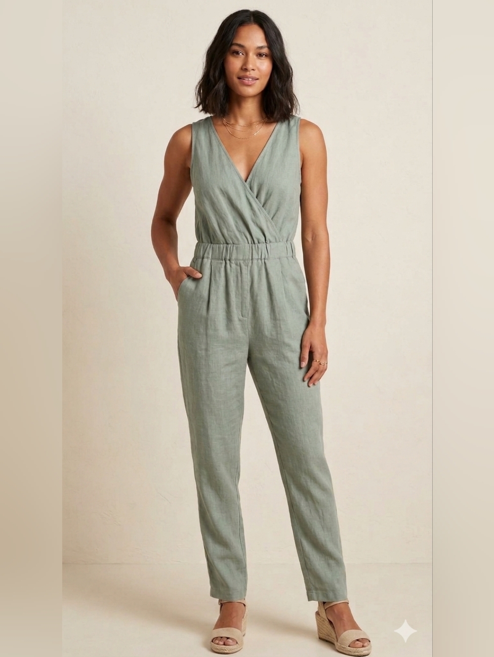 Nation LTD Los Angeles Sleeveless 100% Linen Jumpsuit in Sage Green New Medium M